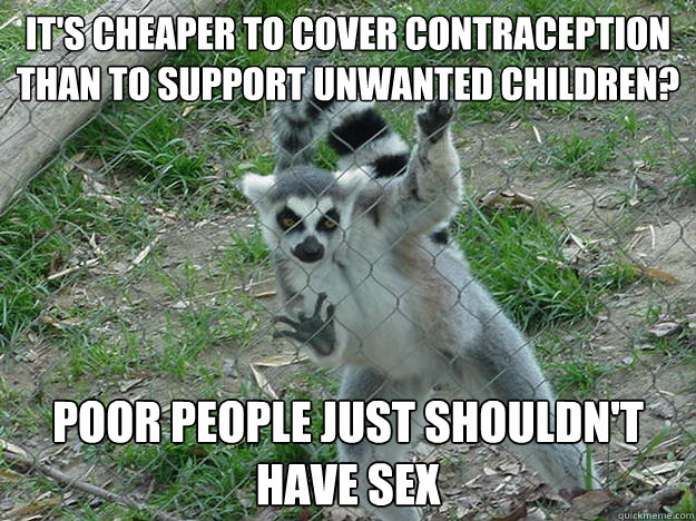 it's Cheaper to cover contraception than to support unwanted children? poor people just shouldn't have sex  Libertarian Lemur