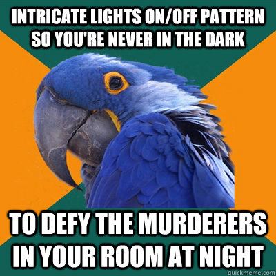 intricate lights on/off pattern so you're never in the dark to defy the murderers in your room at night  Paranoid Parrot