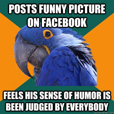 Posts funny picture on facebook Feels his sense of humor is been judged by everybody  Paranoid Parrot