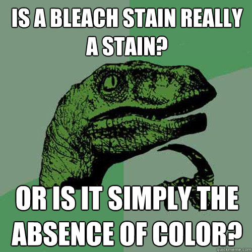 Is a bleach stain really a stain? Or is it simply the absence of color?  Philosoraptor