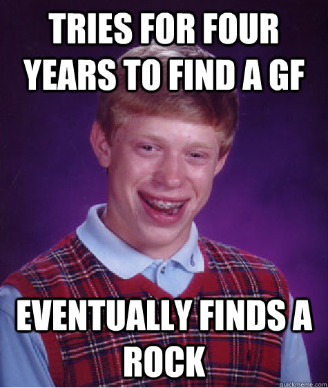 Tries for four years to find a gf eventually finds a rock  Bad Luck Brian