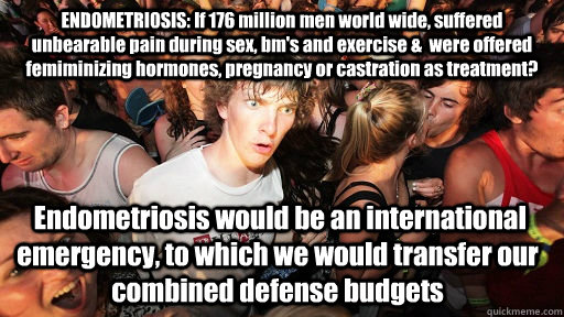 ENDOMETRIOSIS: If 176 million men world wide, suffered unbearable pain during sex, bm's and exercise &  were offered femiminizing hormones, pregnancy or castration as treatment?  Endometriosis would be an international emergency, to which we would transfe  Sudden Clarity Clarence