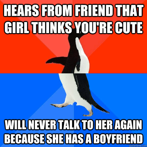 hears from friend that girl thinks you're cute will never talk to her again because she has a boyfriend  Socially Awesome Awkward Penguin