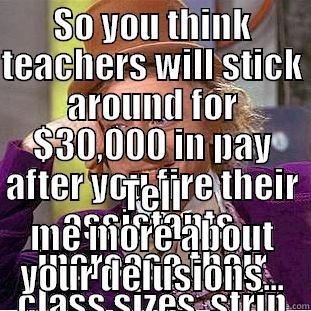 SO YOU THINK TEACHERS WILL STICK AROUND FOR $30,000 IN PAY AFTER YOU FIRE THEIR ASSISTANTS, INCREASE THEIR CLASS SIZES, STRIP THEIR TENURE, AND DENY MASTER'S PAY? TELL ME MORE ABOUT YOUR DELUSIONS... Condescending Wonka