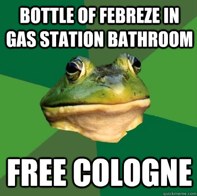 Bottle of Febreze in gas station bathroom Free cologne  Foul Bachelor Frog