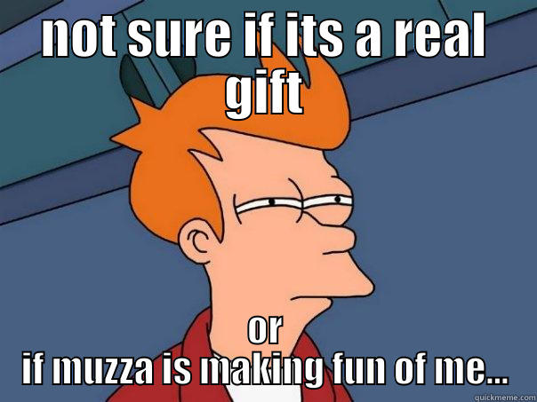 NOT SURE IF ITS A REAL GIFT OR IF MUZZA IS MAKING FUN OF ME... Futurama Fry