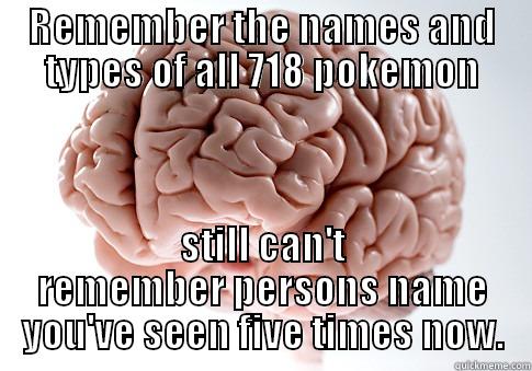 REMEMBER THE NAMES AND TYPES OF ALL 718 POKEMON STILL CAN'T REMEMBER PERSONS NAME YOU'VE SEEN FIVE TIMES NOW. Scumbag Brain