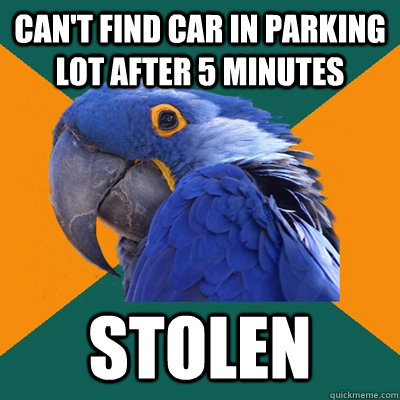 Can't find car in parking lot after 5 minutes stolen  Paranoid Parrot