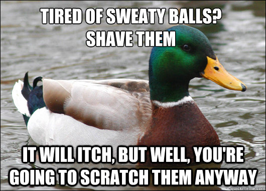 Tired of sweaty balls?
SHAVE THEM It will itch, but well, you're going to scratch them anyway  Actual Advice Mallard