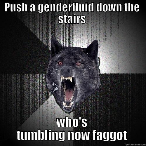 PUSH A GENDERFLUID DOWN THE STAIRS WHO'S TUMBLING NOW FAGGOT Insanity Wolf