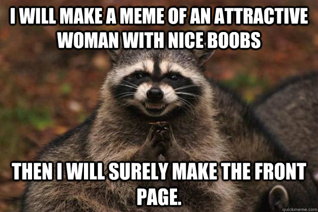 I will make a meme of an attractive woman with nice boobs then I will surely make the front page.  Evil Plotting Raccoon