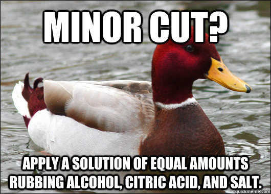 minor cut? apply a solution of equal amounts rubbing alcohol, citric acid, and salt.  Malicious Advice Mallard