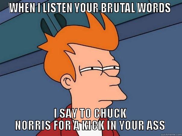 Brutal Words - WHEN I LISTEN YOUR BRUTAL WORDS I SAY TO CHUCK NORRIS FOR A KICK IN YOUR ASS Futurama Fry