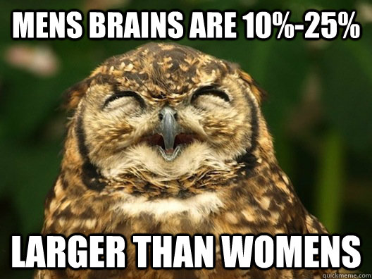 mens brains are 10%-25% larger than womens - mens brains are 10%-25% larger than womens  Useless Fact Owl