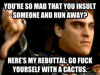 You're so mad that you insult someone and run away? Here's my rebuttal. Go fuck yourself with a cactus.  Downvoting Roman