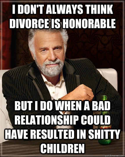 i don't always think divorce is honorable but i do when a bad relationship could have resulted in shitty children  The Most Interesting Man In The World