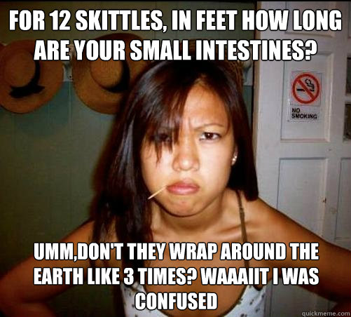 for 12 skittles, in feet how long are your small intestines? umm,don't they wrap around the earth like 3 times? waaaiit i was confused  Asian roommate