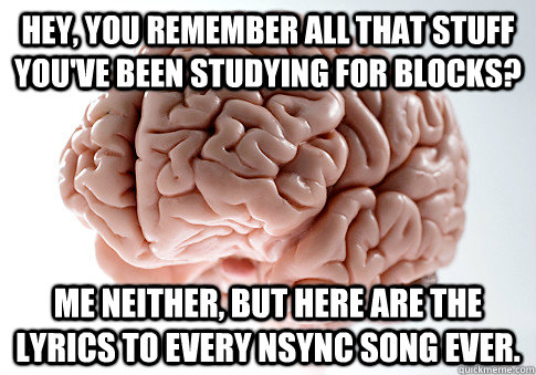 Hey, you remember all that stuff you've been studying for blocks? Me Neither, but here are the lyrics to every NSYNC song ever.  Scumbag Brain