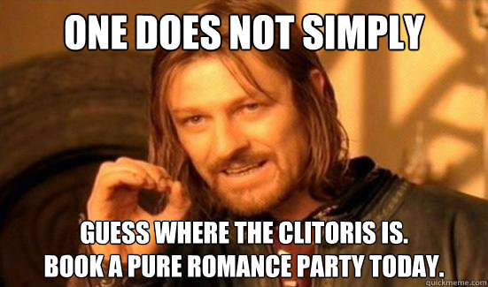 One Does Not Simply Guess where the clitoris is.
Book a Pure Romance party today. - One Does Not Simply Guess where the clitoris is.
Book a Pure Romance party today.  Boromir
