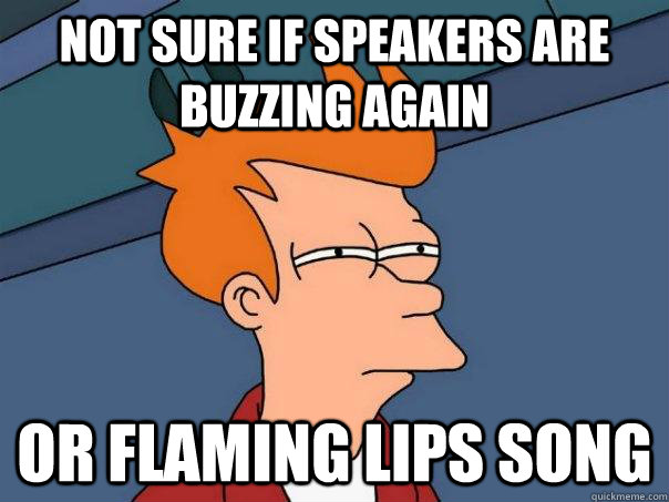 Not sure if speakers are buzzing again Or Flaming Lips song  Futurama Fry