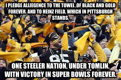 I pledge alliegence to the towel ,Of black and gold forever. And to Heinz Field, which in Pittsburgh stands.  One Steeler Nation, under Tomlin, with victory in Super Bowls forever. - I pledge alliegence to the towel ,Of black and gold forever. And to Heinz Field, which in Pittsburgh stands.  One Steeler Nation, under Tomlin, with victory in Super Bowls forever.  Misc