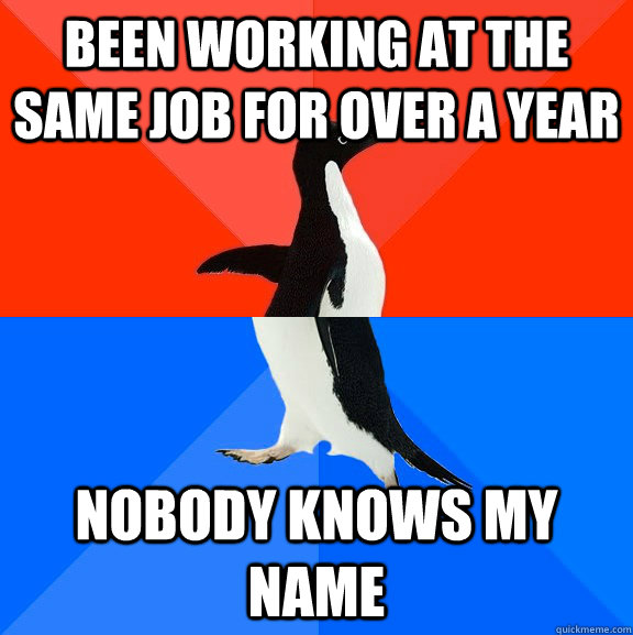 been working at the same job for over a year nobody knows my name  Socially Awesome Awkward Penguin