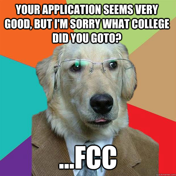 Your application seems very good, but I'm sorry what college did you goto? ...Fcc - Your application seems very good, but I'm sorry what college did you goto? ...Fcc  Business Dog