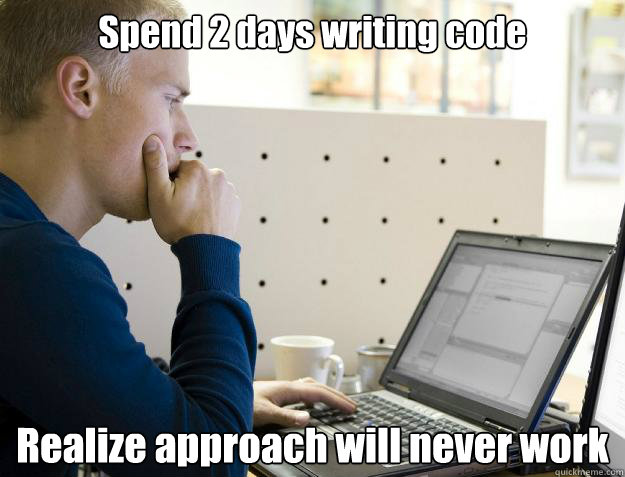 Spend 2 days writing code Realize approach will never work - Spend 2 days writing code Realize approach will never work  Programmer