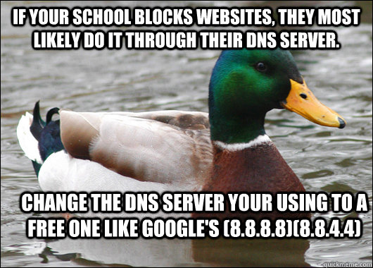 If your school blocks websites, they most likely do it through their DNS server. Change the DNS server your using to a free one like Google's (8.8.8.8)(8.8.4.4)  Actual Advice Mallard