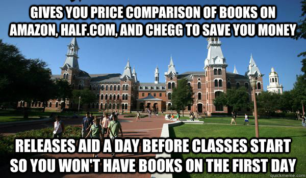 Gives you price comparison of books on Amazon, Half.com, and Chegg to save you money Releases aid a day before classes start so you won't have books on the first day  