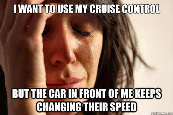 I WANT TO USE MY CRUISE CONTROL BUT THE CAR IN FRONT OF ME KEEPS CHANGING THEIR SPEED  First World Problems