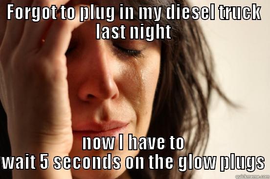 cold start - FORGOT TO PLUG IN MY DIESEL TRUCK LAST NIGHT NOW I HAVE TO WAIT 5 SECONDS ON THE GLOW PLUGS First World Problems