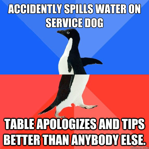 Accidently spills water on Service dog Table apologizes and tips better than anybody else.  Socially Awkward Awesome Penguin
