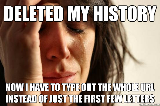 deleted my history now i have to type out the whole URL instead of just the first few letters  First World Problems