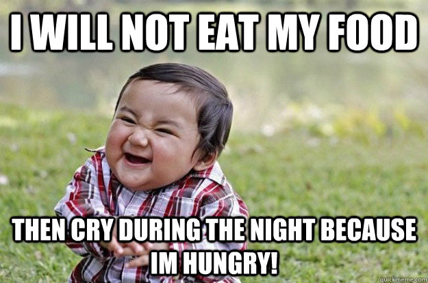I will not eat my food then cry during the night because im hungry!  Evil Toddler