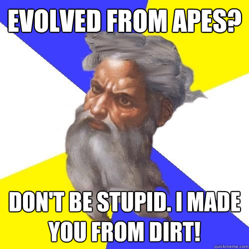 Evolved from Apes? Don't be Stupid. I made you from DIRT!  Advice God