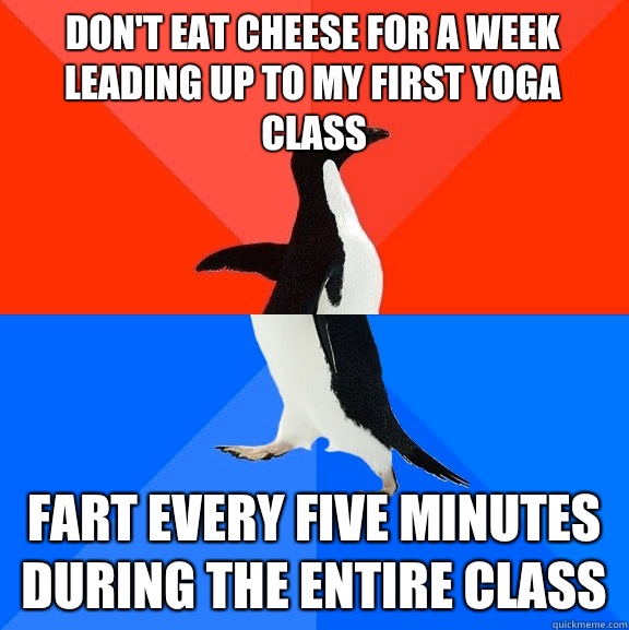 Don't eat cheese for a week leading up to my first yoga class Fart every five minutes during the entire class  Socially Awesome Awkward Penguin