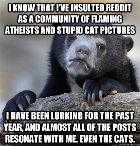 I know that I've insulted reddit as a community of flaming atheists and stupid cat pictures I have been lurking for the past year, and almost all of the posts resonate with me. Even the cats.  Confession Bear