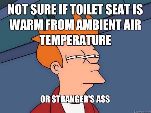 Not sure if toilet seat is warm from ambient air temperature Or stranger's ass - Not sure if toilet seat is warm from ambient air temperature Or stranger's ass  Futurama Fry