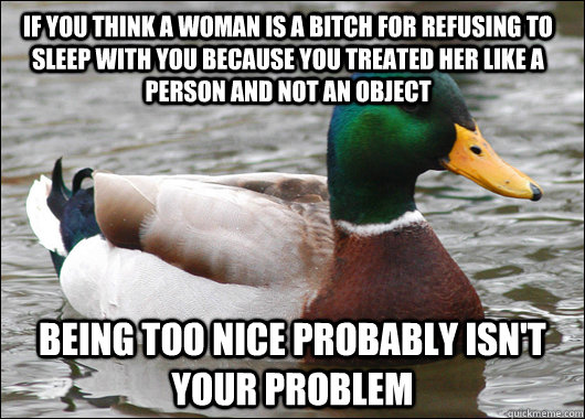 If you think a woman is a bitch for refusing to sleep with you because you treated her like a person and not an object Being too nice probably isn't your problem  Actual Advice Mallard