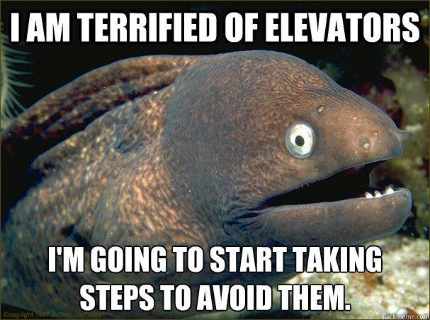 I am terrified of elevators I'm going to start taking steps to avoid them. - I am terrified of elevators I'm going to start taking steps to avoid them.  Bad Joke Eel