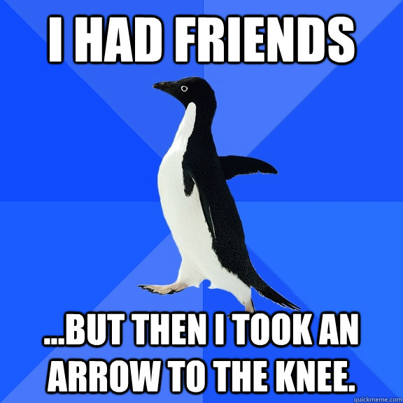 I had friends ...but then I took an arrow to the knee.  Socially Awkward Penguin