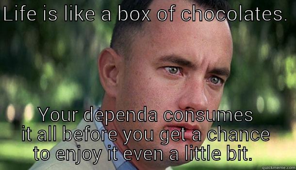 Dependa Gump - LIFE IS LIKE A BOX OF CHOCOLATES.  YOUR DEPENDA CONSUMES IT ALL BEFORE YOU GET A CHANCE TO ENJOY IT EVEN A LITTLE BIT.  Offensive Forrest Gump