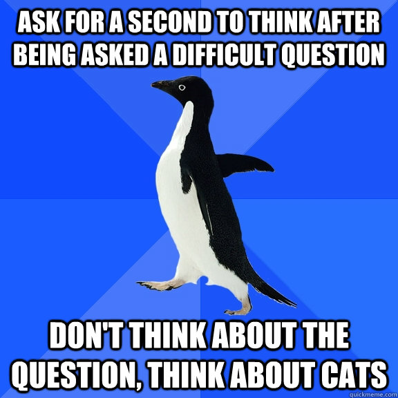 ask for a second to think after being asked a difficult question don't think about the question, think about cats  Socially Awkward Penguin