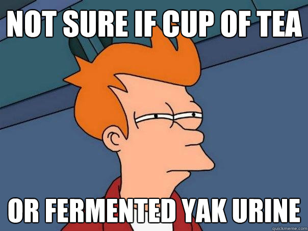 Not sure if cup of tea Or fermented yak urine  Futurama Fry