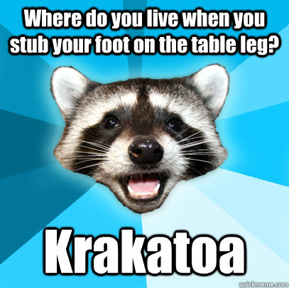Where do you live when you stub your foot on the table leg? Krakatoa  Lame Pun Coon
