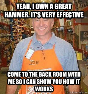 Yeah, I own a great hammer. It's very effective Come to the back room with me so I can show you how it works - Yeah, I own a great hammer. It's very effective Come to the back room with me so I can show you how it works  Inappropriate Home Depot Employee