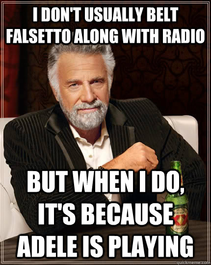 I don't usually belt falsetto along with radio but when I do, it's because Adele is playing  The Most Interesting Man In The World