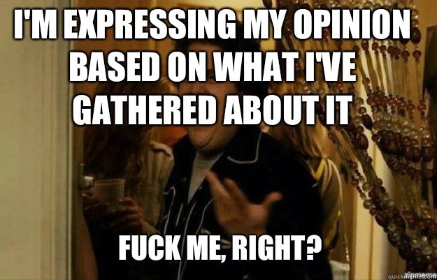 I'm expressing my opinion based on what I've gathered about it FUCK ME, RIGHT?  fuck me right