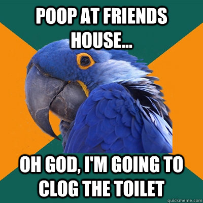 poop at friends house... oh god, i'm going to clog the toilet - poop at friends house... oh god, i'm going to clog the toilet  Paranoid Parrot
